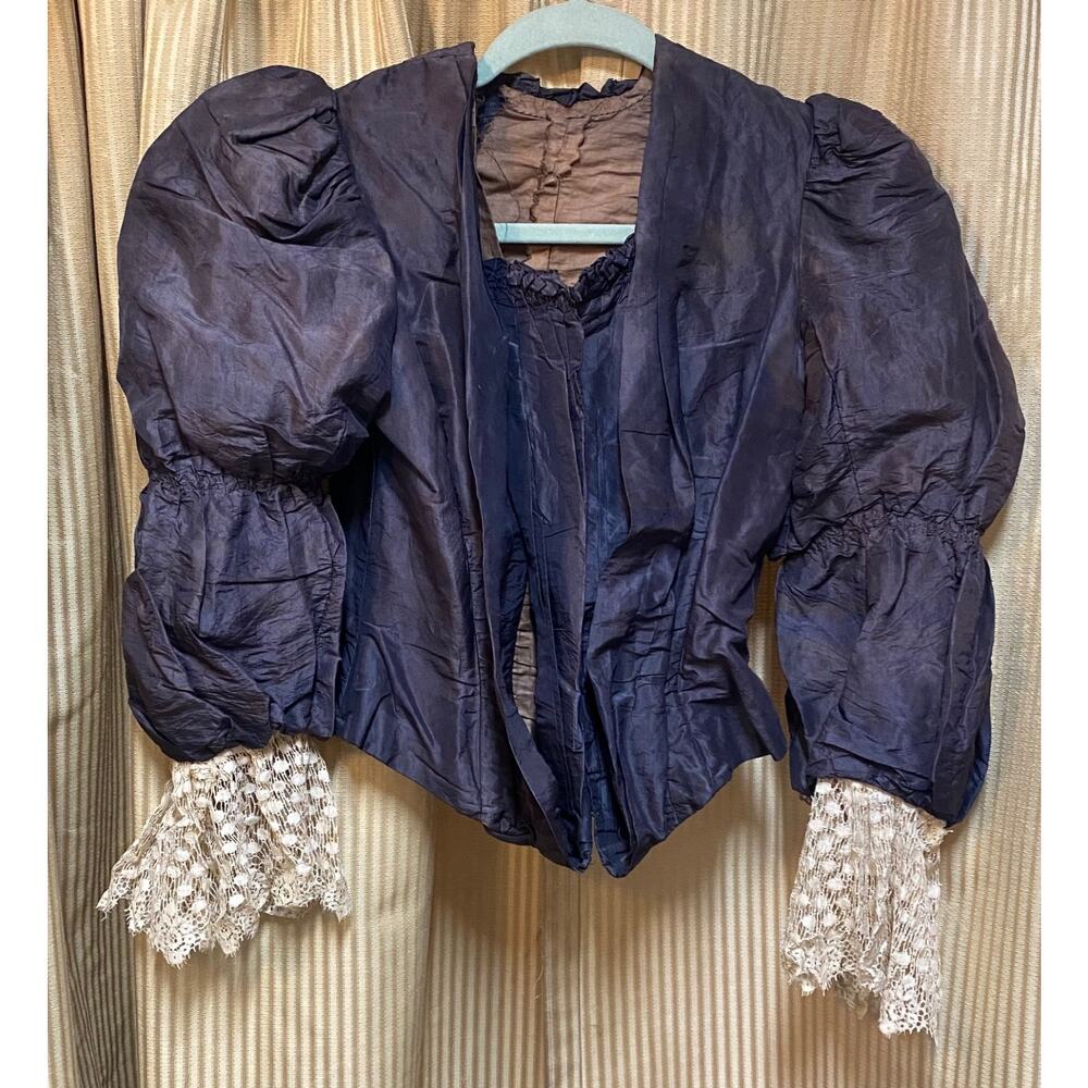 Antique BLACK SILK SATIN BODICE W HANDMADE LACE Sleeve Cuffs Victorian Mourning